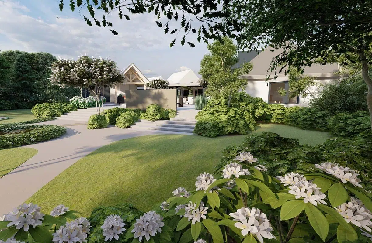 Exclusieve tuin met bloeiende hortensia's, gazon en paden rond een villa