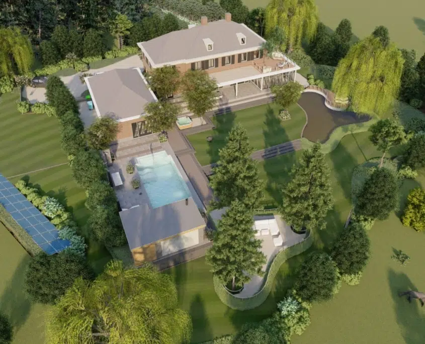3D-impressie van een luxe villa met zwembad in een parktuin, vogelvlucht
