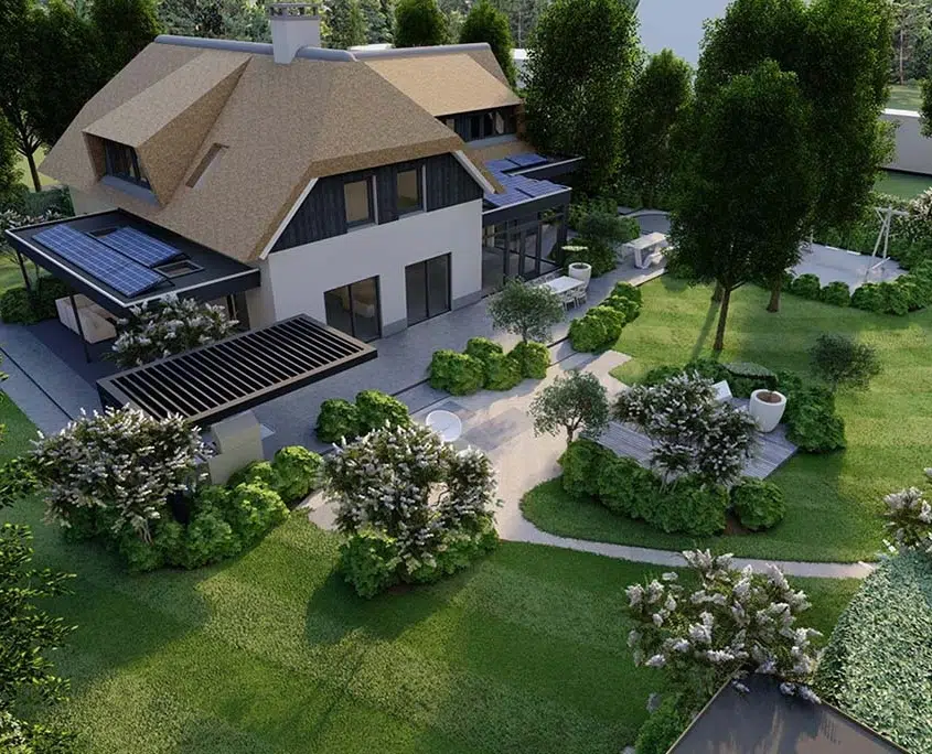 3D-impressie van een villa met rieten kap en moderne tuin in Vught, vogelvlucht
