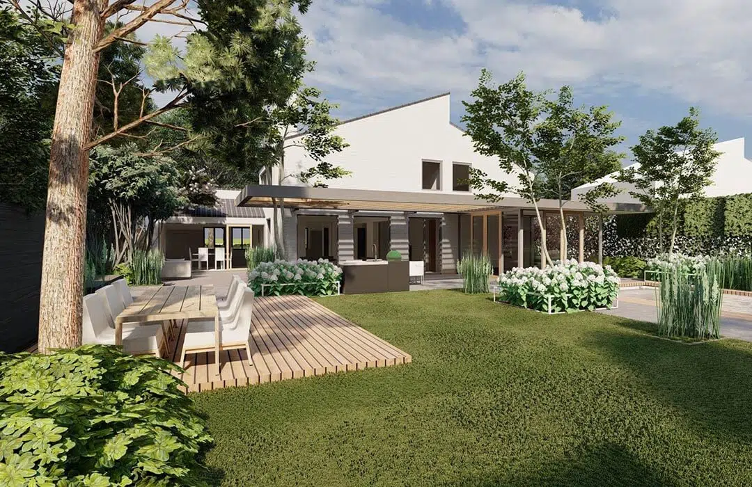 Tuinontwerp bij een jaren 70-villa met houten terras, gazon en bomen