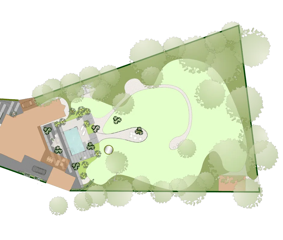 Ontwerptekening van een villatuin met zwembad en ruim gazon, bovenaanzicht