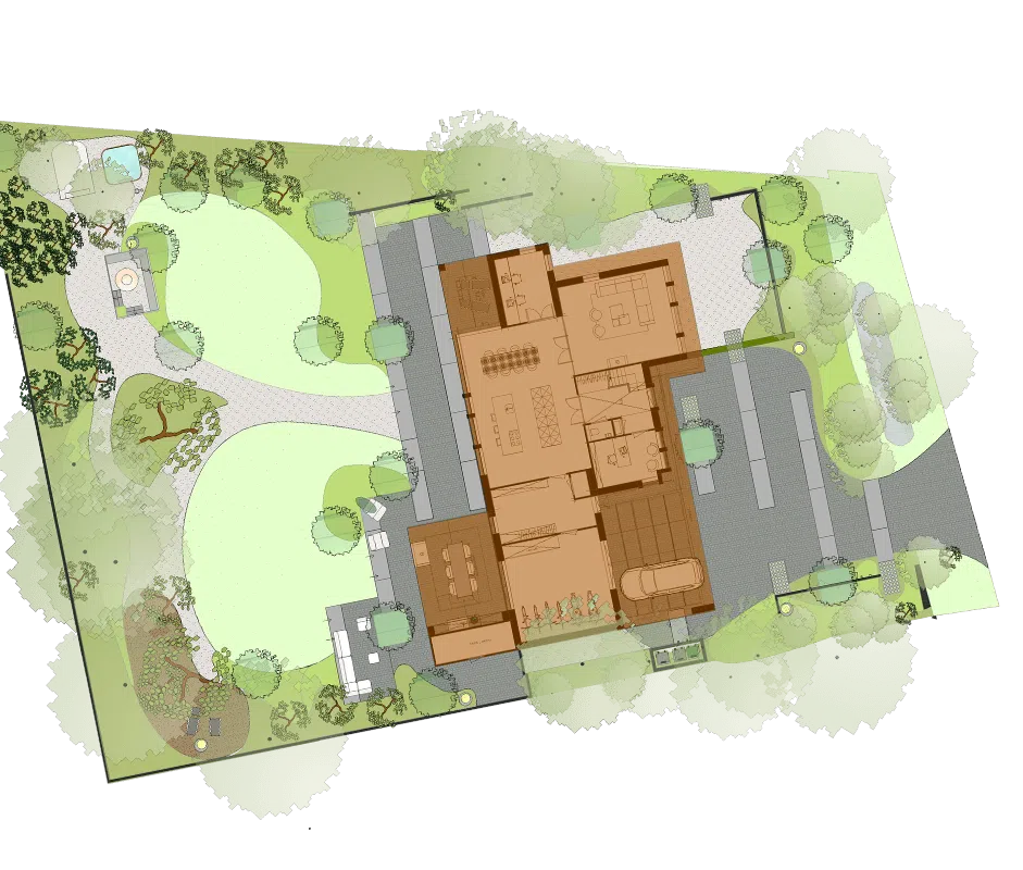 Ontwerptekening van een luxe tuin rondom een woning, bovenaanzicht