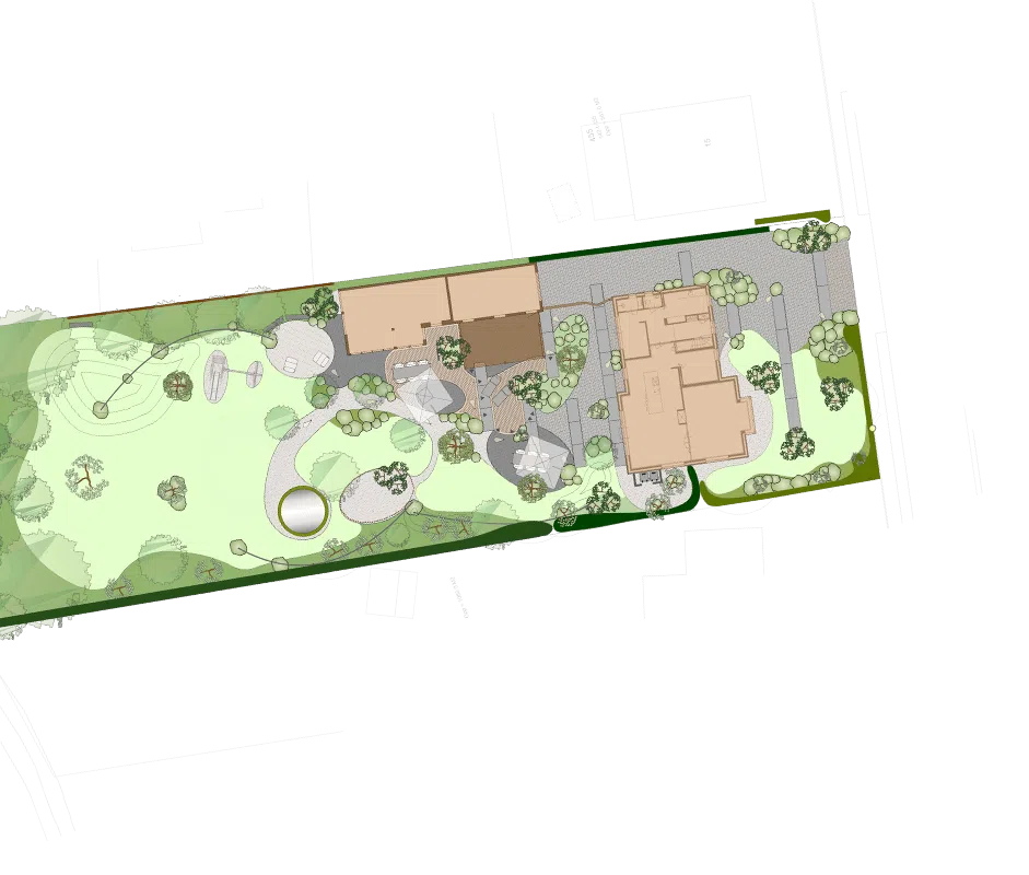 Ontwerptekening van een langgerekte luxe tuin met gazon en borders, bovenaanzicht