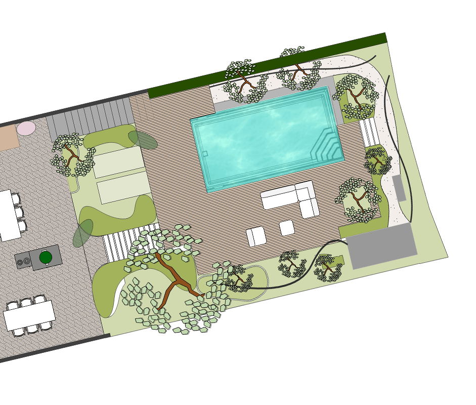Ontwerptekening van een luxe tuin met zwembad, terrassen en loungeplekken, bovenaanzicht