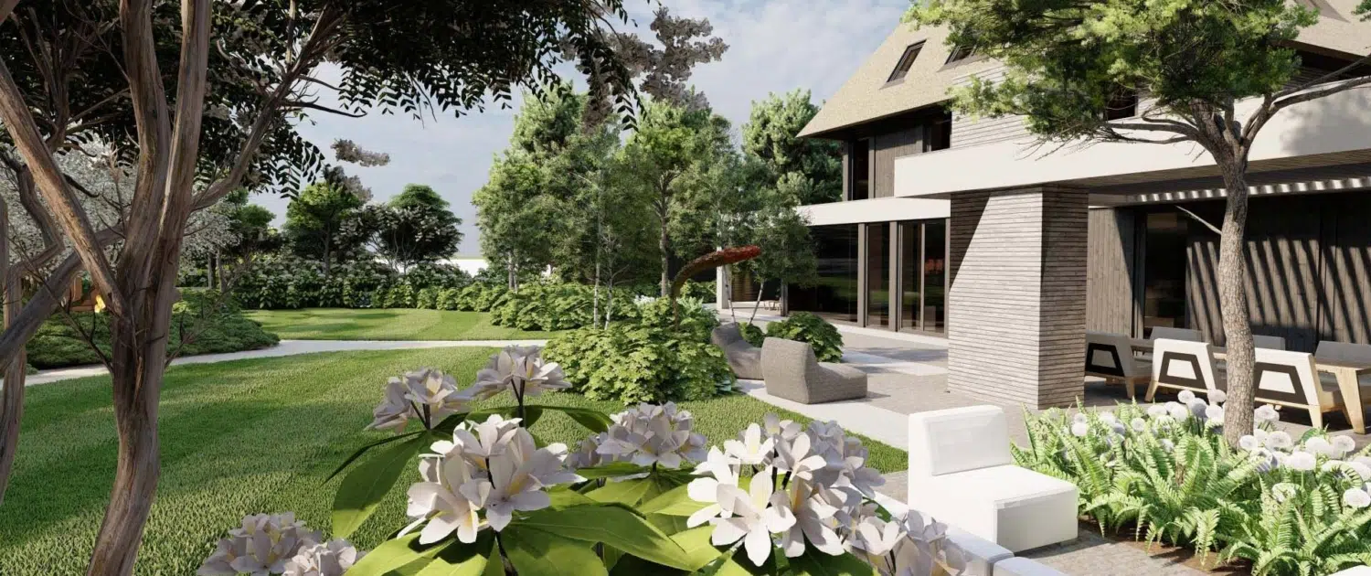 Villatuin in Oisterwijk met bloeiende hortensia's, gazon en loungeterras bij de woning