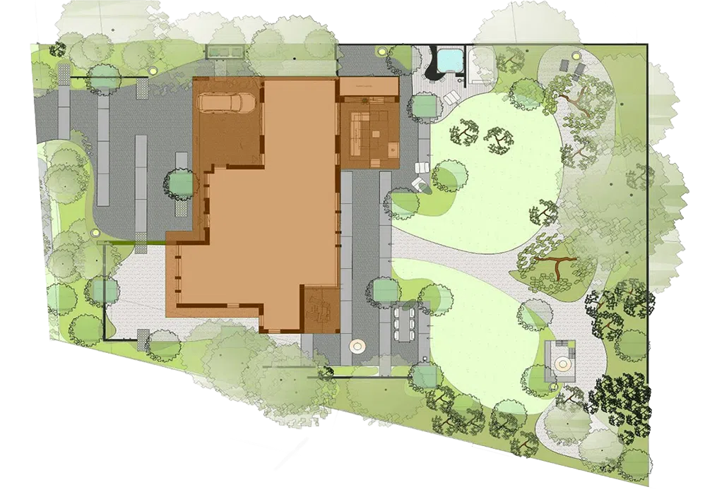 Ontwerptekening van een luxe villatuin in bosrijke omgeving, bovenaanzicht
