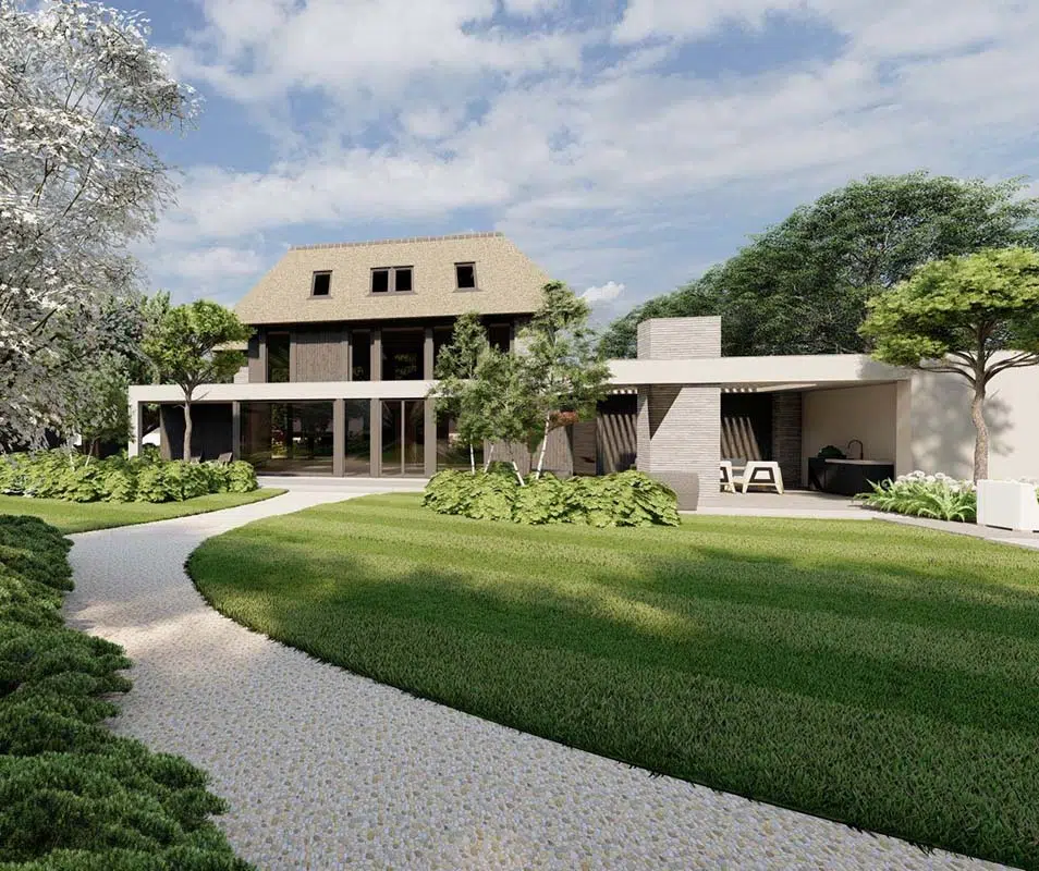 3D-impressie van een luxe villatuin in Oisterwijk met slingerend grindpad, gazon en volwassen bomen