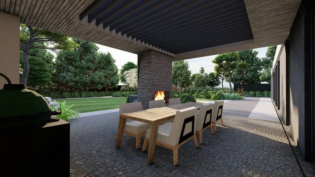 Overdekt terras met eettafel en buitenhaard met uitzicht op de bosrijke villatuin in Oisterwijk